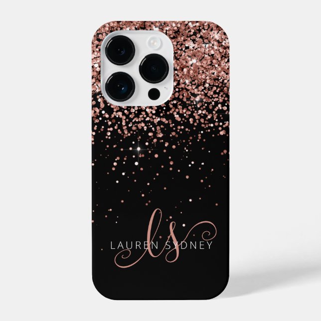 Glam Rose Gold Glitzer Elegantes Monogramm iPhone 14 Pro Hülle (Rückseite)