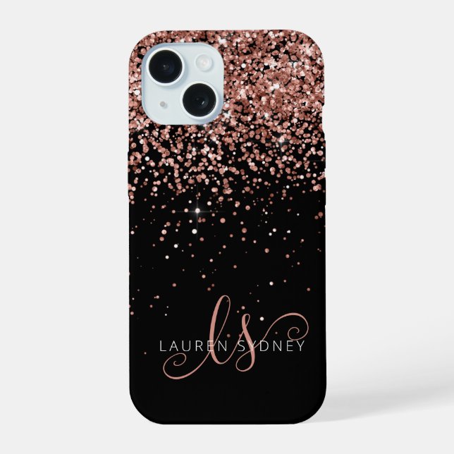 Glam Rose Gold Glitzer Elegantes Monogramm iPhone 15 Hülle (Rückseite)