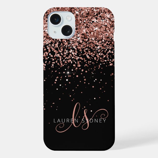 Glam Rose Gold Glitzer Elegantes Monogramm iPhone 15 Plus Hülle (Rückseite)