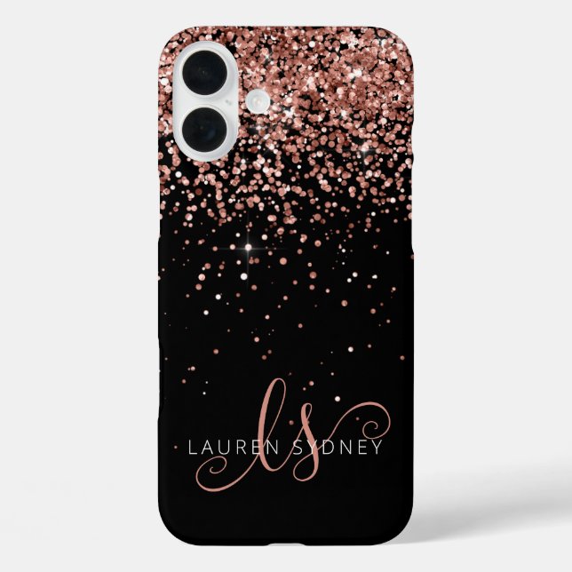 Glam Rose Gold Glitzer Elegantes Monogramm iPhone 16 Plus Hülle (Rückseite)
