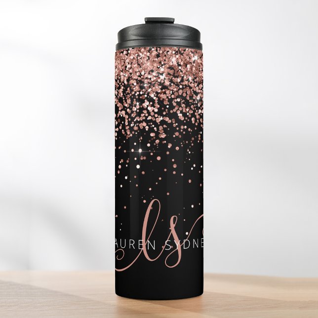 Glam Rose Gold Glitzer Elegantes Monogramm Thermosbecher (Von Creator hochgeladen)