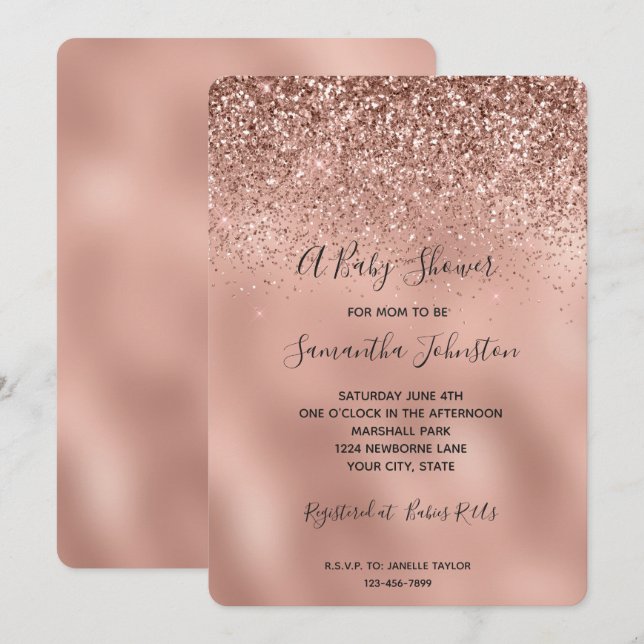 Glam Rose Gold Glitzer Kinderdusche Einladung (Vorne/Hinten)