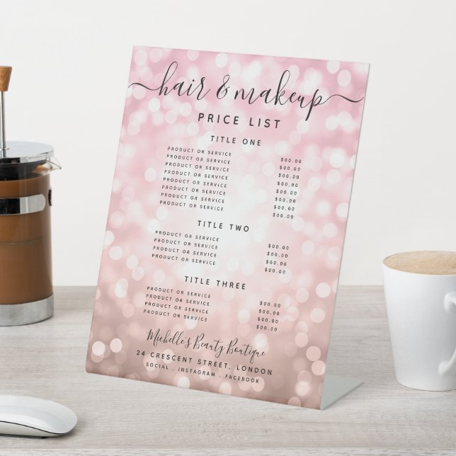 Glam Rose Gold Glitzer Lights Salon Preismenü  Sockelschild (In SItu)