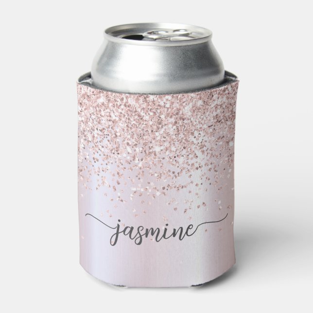 Glam Rose Gold Glitzer Metal Monogram Name Script Dosenkühler (Kanne Vorderseite)