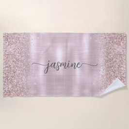 Glam Rose Gold Glitzer Monogram Name Girl Script Strandtuch
