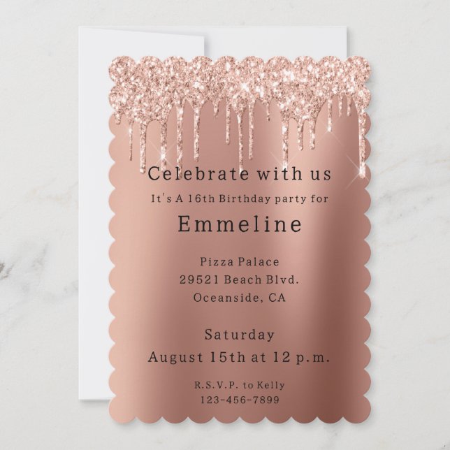 Glam Rose Gold Glitzer Tropfen Einladung (Vorderseite)