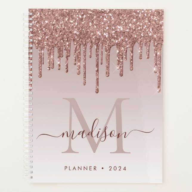 Glam Rose Gold Glitzer Tropfen Elegantes Monogramm Planer (Vorderseite)