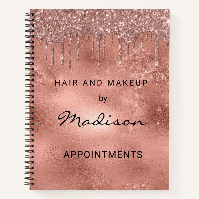 Glam Rose Gold Glitzer Tropfen Haar und Schminke Notizbuch (Vorderseite)