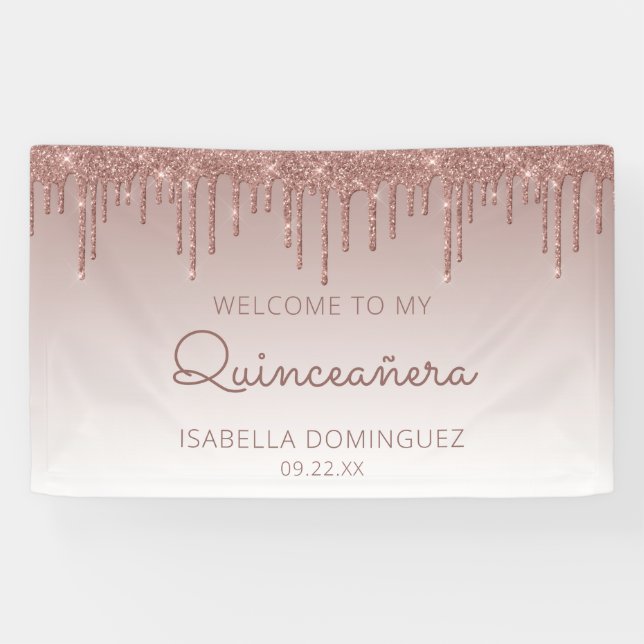 Glam Rose Gold Glitzer Tropfen Quinceañera Banner (Horizontal)