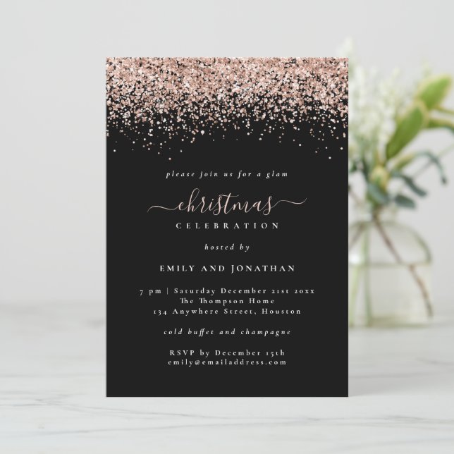 Glam Rose Gold Glitzer Weihnachts-Party Schwarzer  Einladung (Stehend Vorderseite)