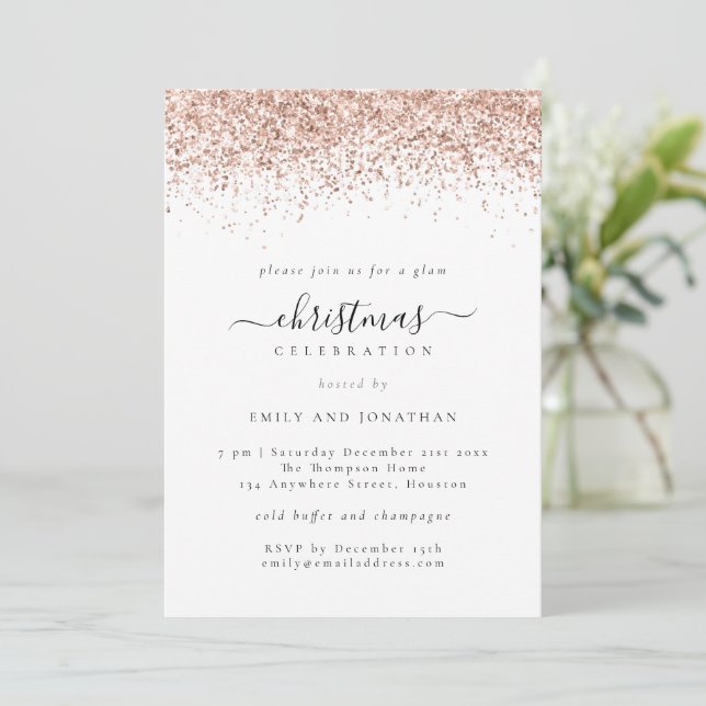 Glam Rose Gold Glitzer Weihnachtsfest Party Weiß Einladung (Stehend Vorderseite)
