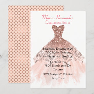 Glam Rose Gold Gown Quinceñera Einladung