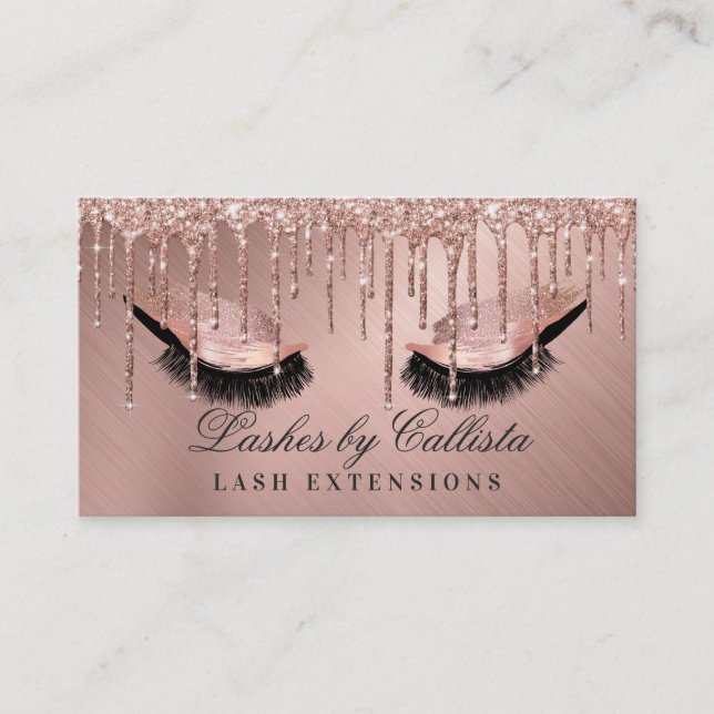 Glam Rose Gold Metallic Glitzer Tropfen Lashes Visitenkarte (Vorderseite)