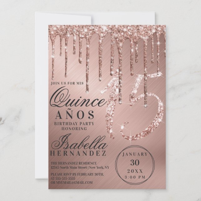Glam Rose Gold Metallic Glitzer Tropfen Quinceañer Einladung (Vorderseite)