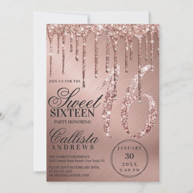 Glam Rose Gold Metallic Glitzer Tropfen Sweet 16 Einladung (Vorderseite)