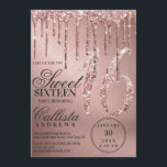 Glam Rose Gold Metallic Glitzer Tropfen Sweet 16 Einladung<br><div class="desc">Diese geistreiche und glamouröse 16 . Geburtstag Geburtstagsfeier ist perfekt für ein stilvolles und trendiges Mädchen. Es verfügt über Imitate, die funkelnd Rose Gold Glitzer Tropfen auf einer Rose gold gebürsteten metallischen Hintergrund gedruckt. Die Typografie ist ein elegantes kursives Drehbuch mit einem modernen Serif-Schriftart, um zu entsprechen. Es ist schick,...</div>