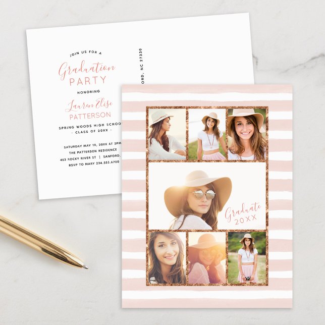 Glam Rose Gold Photo Collage Graduation Invitation (Créateur téléchargé)