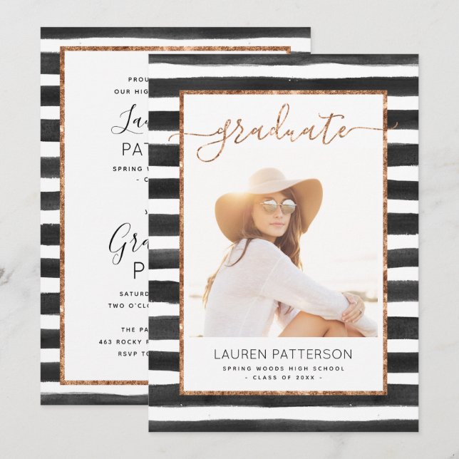 Glam Rose Gold Photo Graduation Party Invitation (Devant / Derrière)