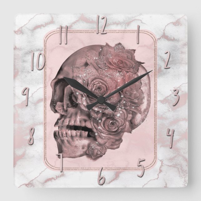 Glam Rose Gold Pink Skull Marble Quadratische Wanduhr (Vorderseite)