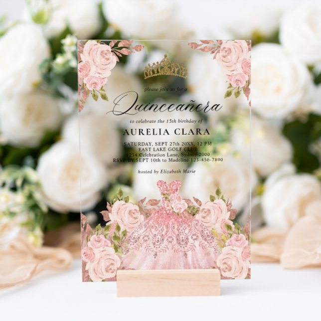Glam Rose Gold Rosa Kleid Floral 15. Quinceañera Acryleinladungen (Von Creator hochgeladen)