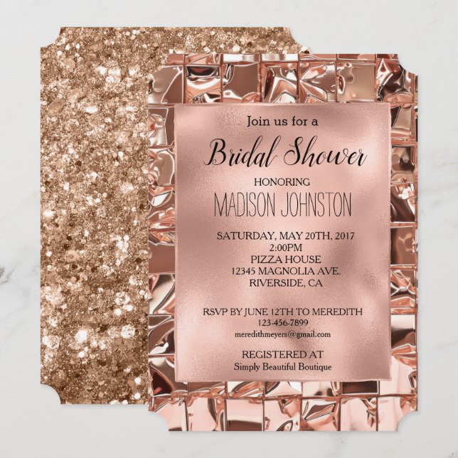 Glam Rose Gold Squares Glitzer Brautparty Einladung (Vorne/Hinten)