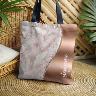 Glam Rose Gold White Marmor Metallisch Name Tasche