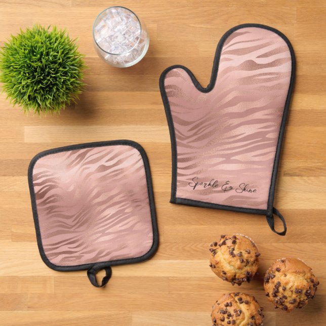 Glam Rose Gold Zebra Print Ofenhandschuh & Topflappen-Set (Oben Unten)