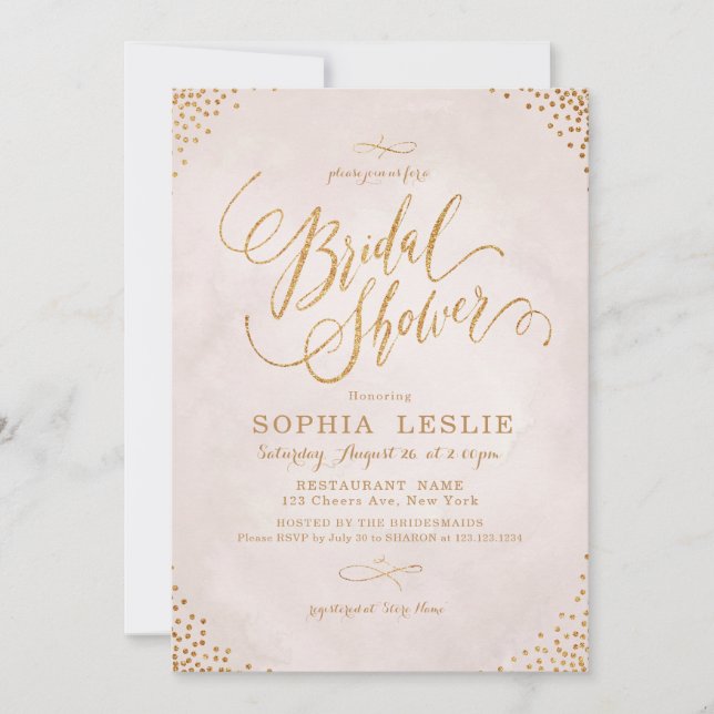 Glam-Rose-Goldkalligraphie-Brautparty Einladung (Vorderseite)