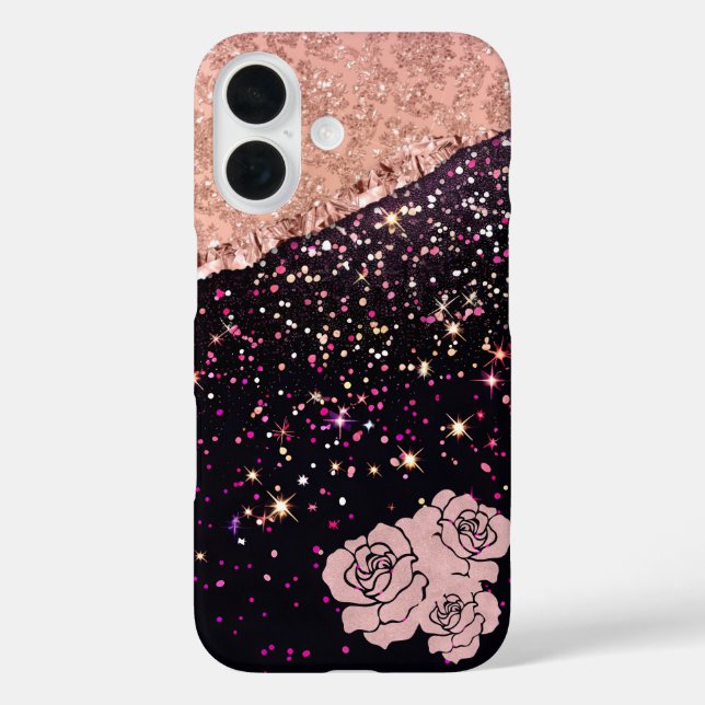 Glam Rose Schwarzer Glitzer Blush Rose iPhone 16 Hülle (Rückseite)