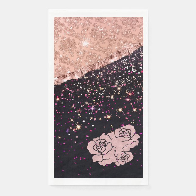 Glam Rose Schwarzer Glitzer Blush Rose Serviette (Vorderseite)