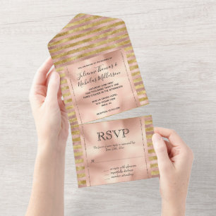 Glam Rose und Gold Glitzy Streifen All In One Einladung