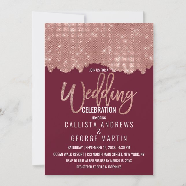 Glam Rote Rose Gold Glitzer Farbblock Hochzeit Einladung (Vorderseite)