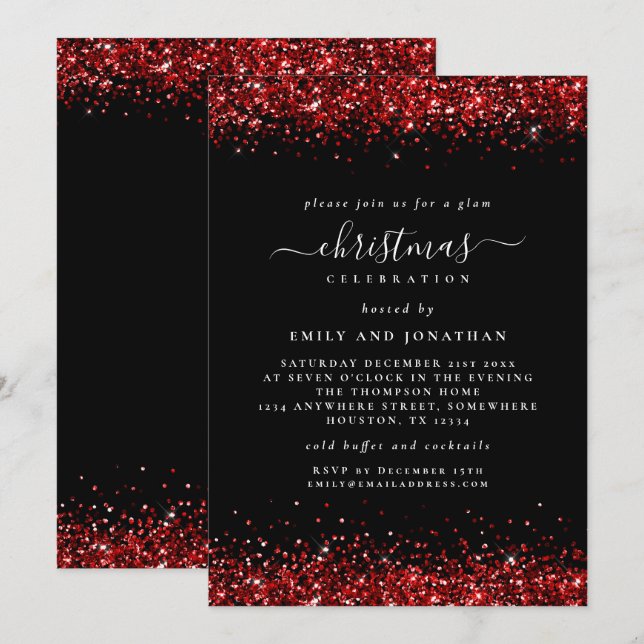 Glam Roter Glitzer Weihnachtsweihnachtsgebäck Schw Einladung (Vorne/Hinten)