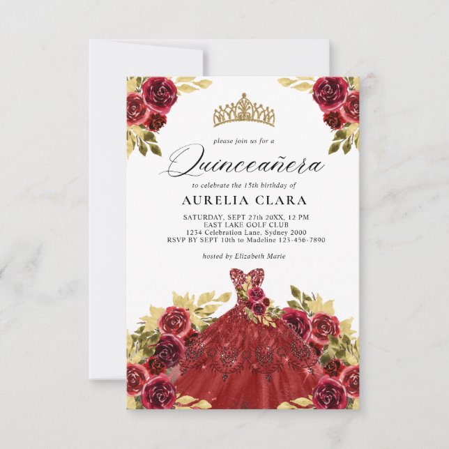 Glam Rotes Kleid Floral 15. Quinceañera Mitteilungskarte (Vorderseite)