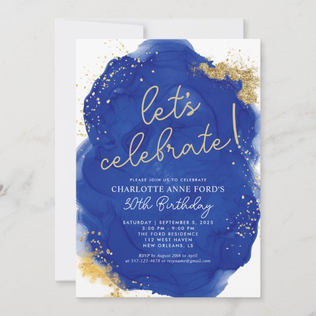 Glam Royal Blue Gold Glitzer Alkohol Tinte Geburts Einladung (Vorderseite)