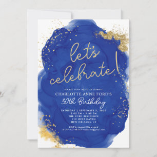 Glam Royal Blue Gold Glitzer Alkohol Tinte Geburts Einladung