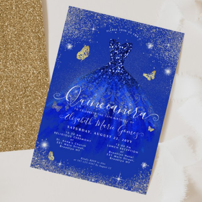 Glam Royal Blue Gold Glitzer Gown Quinceanera Einladung (Von Creator hochgeladen)