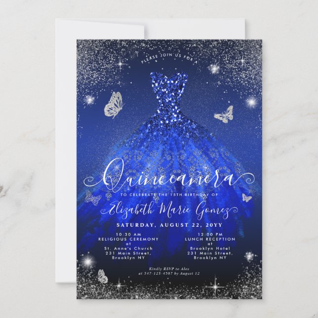 Glam Royal Blue Silver Glitzer Gown Quinceanera Einladung (Vorderseite)