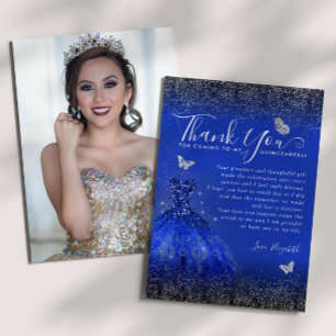 Glam Royal Blue Silver Glitzer Quinceanera Foto Dankeskarte