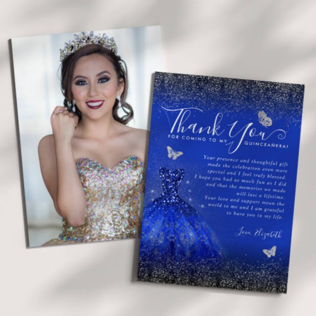 Glam Royal Blue Silver Glitzer Quinceanera Foto Dankeskarte (Von Creator hochgeladen)