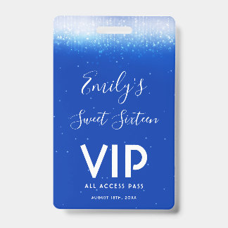 Glam Royal Blue Sweet 16 Einladung VIP Pass Abzeic Ausweis