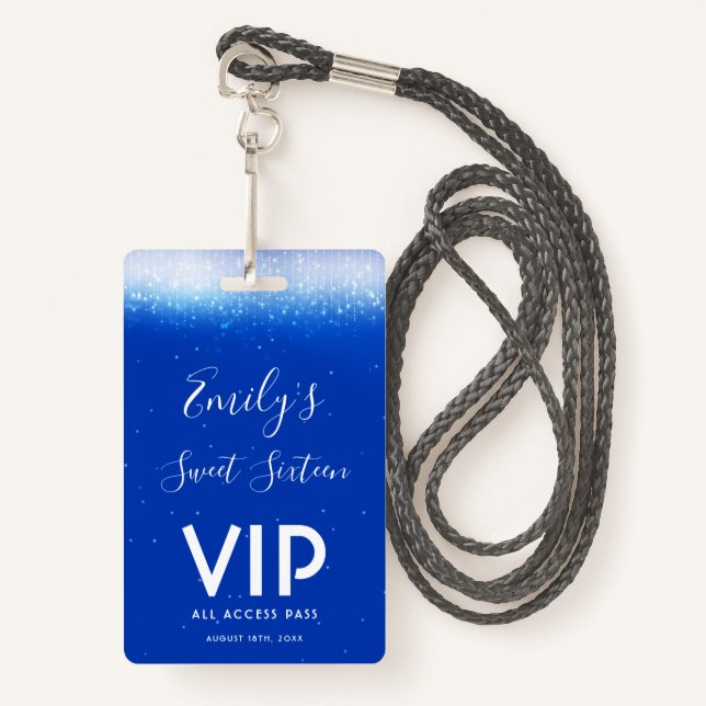 Glam Royal Blue Sweet 16 Einladung VIP Pass Abzeic Ausweis (Vorderseite mit Schlüsselband)