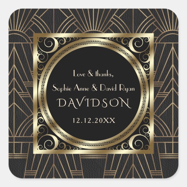 Glam Royal Gold Black Art Deco 20er Hochzeit Quadratischer Aufkleber (Vorderseite)