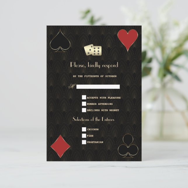 Glam Royal Gold Black Art Deco 20er Hochzeit RSVP Karte (Stehend Vorderseite)