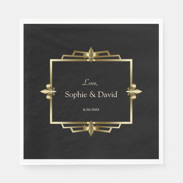Glam Royal Gold Black Art Deco 20er Hochzeit Serviette (Vorderseite)
