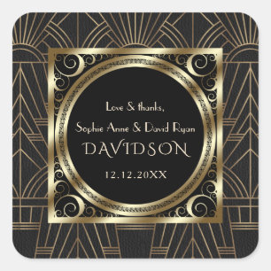 Glam Royal Gold Schwarz Art Deco 20er Hochzeit Quadratischer Aufkleber