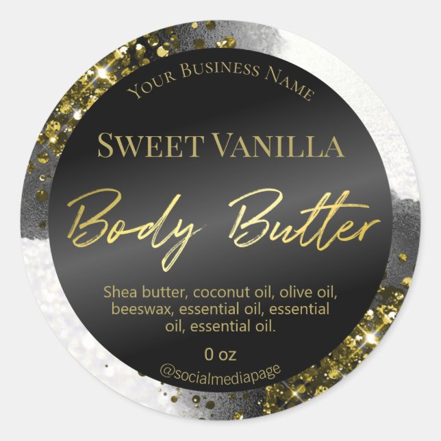 Glam Schwarz-weiß Gold Glitzer Body Butter Labels Runder Aufkleber (Vorderseite)