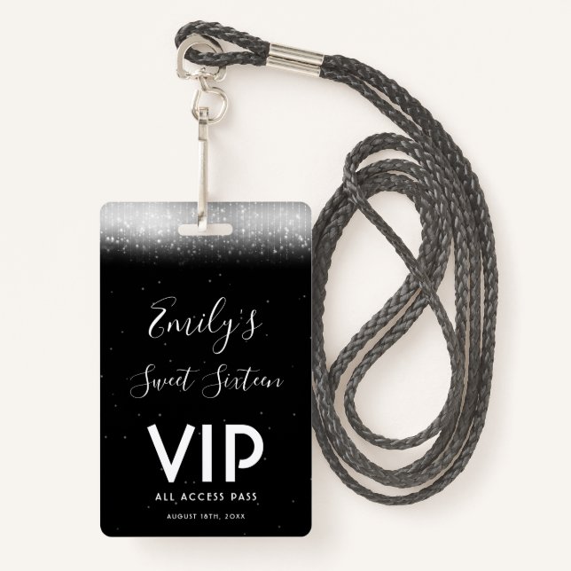 Glam Schwarz-weiß Sweet 16 Einladung VIP Pass Ausweis (Vorderseite mit Schlüsselband)