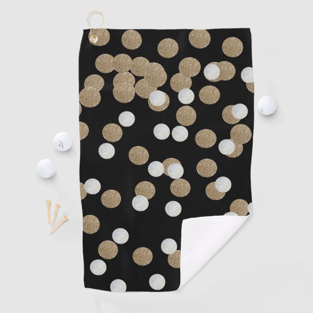 Glam schwarz-weiße Punkte Champagner Gold Konfetti Golfhandtuch (Insitu)