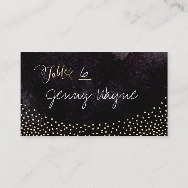 Glam Schwarze Imitate Gold Glitzer Platzkarten (Vorderseite)